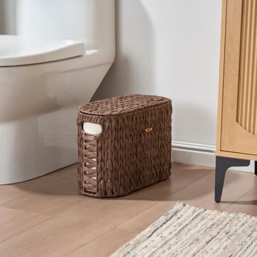 Brown Toilet Paper Storage Basket with Lid & Clear Window - Slim Bathroom Organizer for 6 Mega Rolls