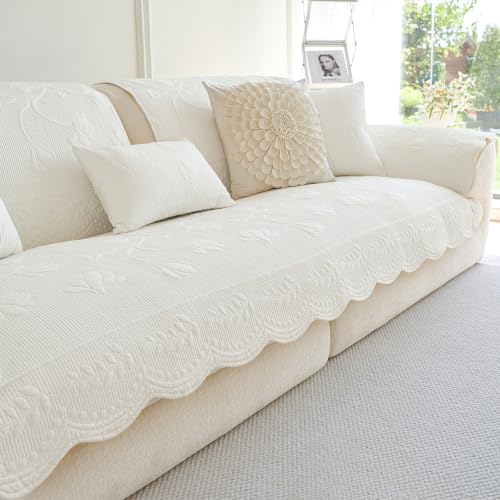 Cotton Quilted Sofa Cover for Sectional Couch - Cream, 43.3 x 94.5 Inches - Non-Slip Design