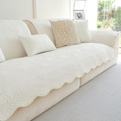 Cotton Quilted Sofa Cover for Sectional Couch - Cream, 43.3 x 94.5 Inches - Non-Slip Design