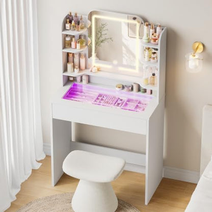 Small Vanity with Tempered Glass Top & RGB Drawer - White, 26.4W
