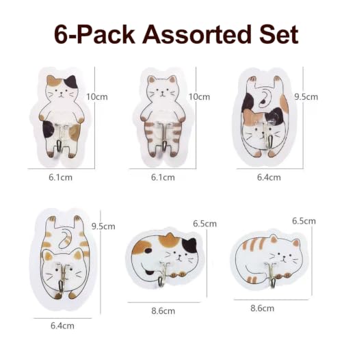 6 Pack Waterproof Decorative Adhesive Hooks - No Drill, Cat Design