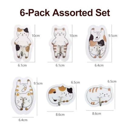 6 Pack Waterproof Decorative Adhesive Hooks - No Drill, Cat Design