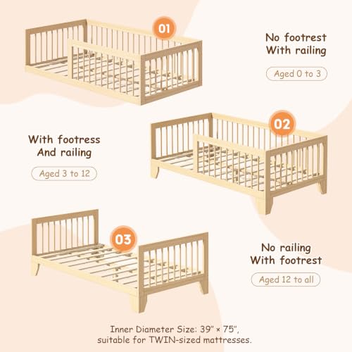 Twin Montessori Floor Bed for Kids with Removable Rails - Burlywood