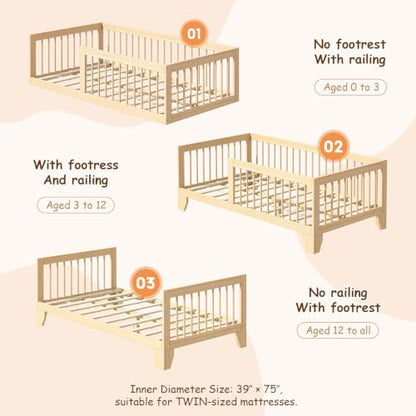 Twin Montessori Floor Bed for Kids with Removable Rails - Burlywood