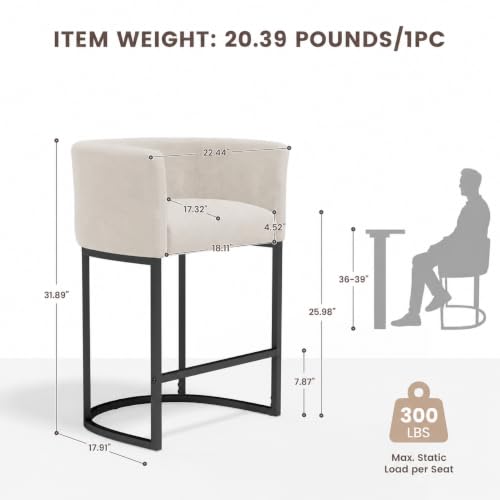 Beige Chenille Counter Height Bar Stools Set of 2 with Arms & Footrest - 26 Inch Kitchen Island Chairs