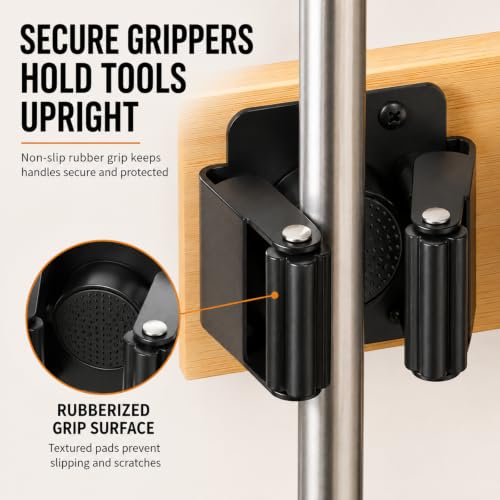 Wall Mount Broom and Mop Organizer with Shelf and Hooks for Laundry and Garage