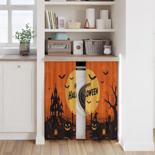 Orange Halloween Tier Curtains Set - Black Pumpkins & Moon Design, 27.5W x 45L, Pack of 2