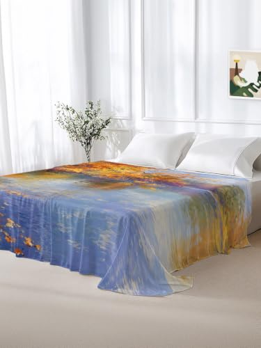 California King Flat Sheet - Lake Trees Leaves Fall Microfiber Bed Sheet - Amber, Gold, Orange, Blue