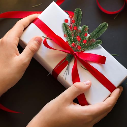 Christmas Pine Branch Picks with Red Berries - Needle Style - 200 Pieces