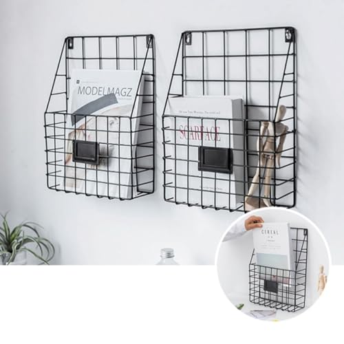 Wall Mounted Magazine Holder Basket with Label Slot - Iron Storage Rack