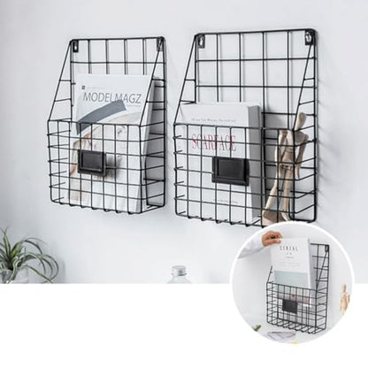 Wall Mounted Magazine Holder Basket with Label Slot - Iron Storage Rack
