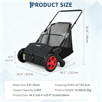 Lawn Sweeper - Manual Leaf & Debris Collector with 3.5 Cu. ft Capacity, Black & Red