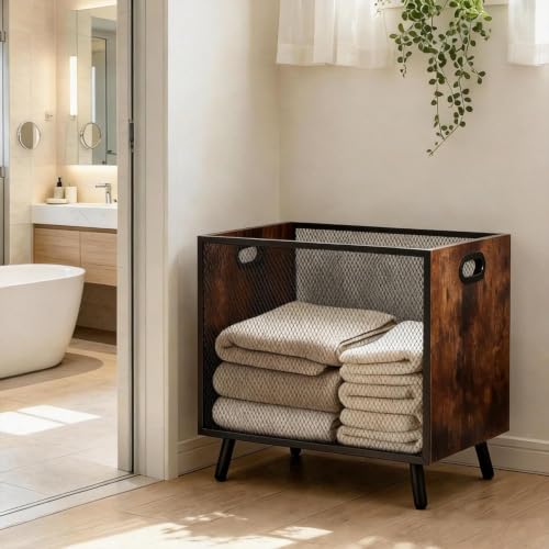 67L Rustic Wood & Mesh Blanket Basket - Brown Variation