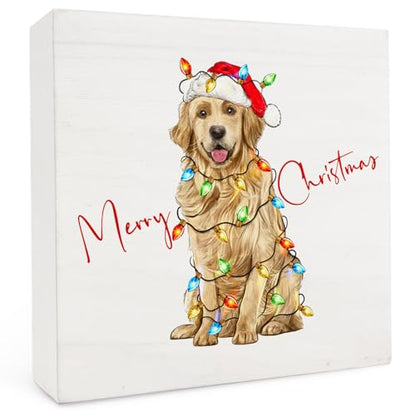 Christmas Golden Retriever Dog Wood Box Sign - Holiday Home Decor, 5x5 Inch