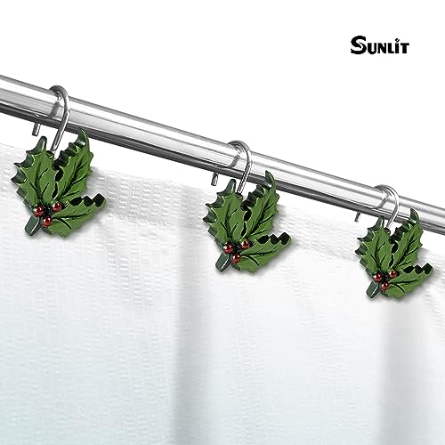 Sunlit Christmas Shower Curtain Hooks - Green Leaf Holiday Shower Rings Set of 12