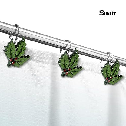 Sunlit Christmas Shower Curtain Hooks - Green Leaf Holiday Shower Rings Set of 12