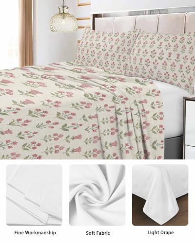 Twin XL Flat Sheet Pink Flowers Microfiber Bed Sheets - Blush Pink, Cream, Rose, Olive