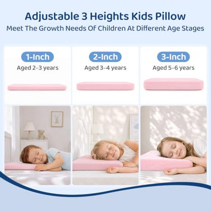Adjustable Kids Pillow with Memory Foam & Cooling Nylon Cover - Pink 13x22