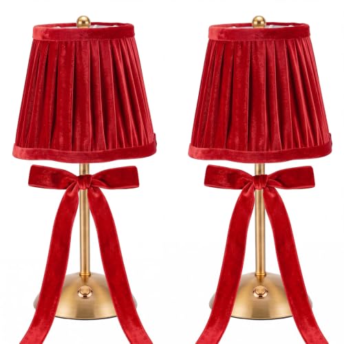 Red Christmas Cordless Table Lamp with Velvet Finish - Rechargeable, Dimmable, Portable Decor - 2 Pack