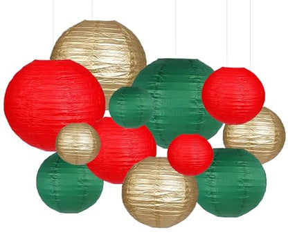 Christmas Red, Green & Gold Paper Lanterns Set of 12 Decorative Hanging Decorations