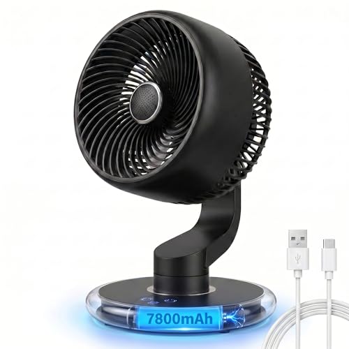 Black Desk Fan for Bedroom Air Circulator, Battery Powered Cordless Fan