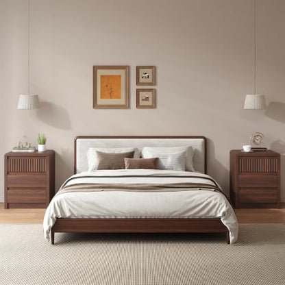 Nightstand Set of 2 Walnut Fluted End Tables with 3 Drawers - 20 Inch Mid-Century Living Room Bed Side Tables