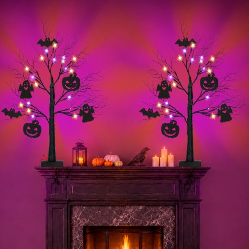 Black Halloween Tree Set with LED Lights - 2 Pack 24 Inch Spooky Decor