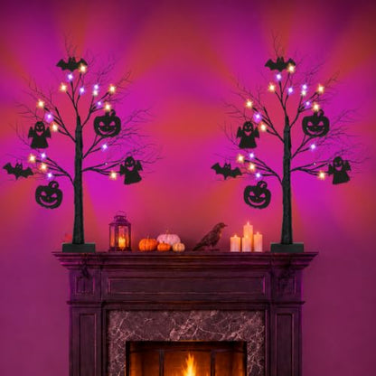 Black Halloween Tree Set with LED Lights - 2 Pack 24 Inch Spooky Decor