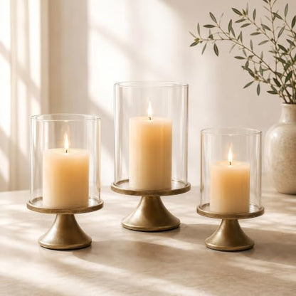 Set of 3 Hurricane Glass Candle Holders with Weighted Base for Pillar Candles