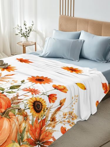 Cal King Size Flat Sheet with Pumpkin Sunflower Maple Leaf Design Orange - Microfiber Breathable Bedding