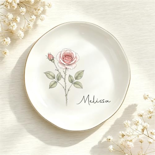 Personalized Birth Flower Jewelry Dish with Custom Name - Style2