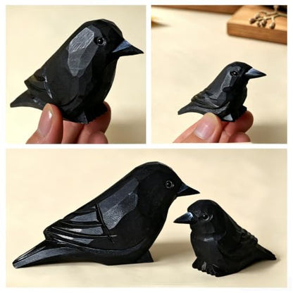 Hand-Carved Wooden Raven & Crow Figurine Set - Gothic Home Decor