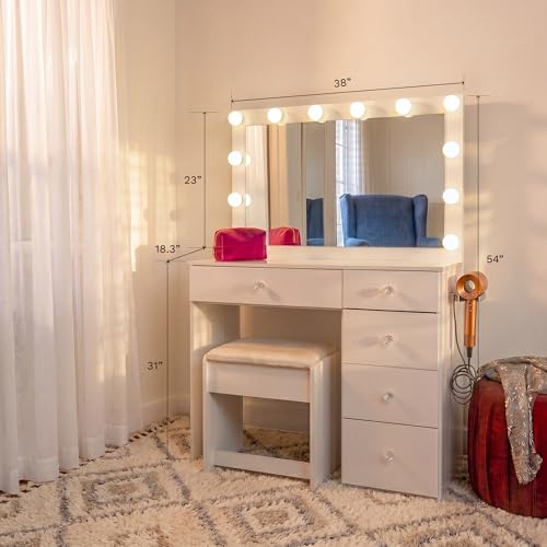 Cleo Vanity Desk with Framed Bulb Mirror, 5-Drawer Makeup Station & Stool