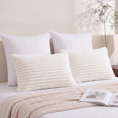 Queen Size Faux Fur Pillowcases Set of 2 - Ivory White Plush Pillow Covers