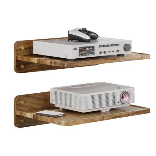 2 Pieces Acacia Wood Wall Mount Floating Shelf for Projector Router Modem TV