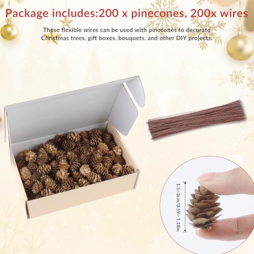Natural Christmas Pine Cones with Iron Wires - DIY Craft Supplies, 200 Pieces