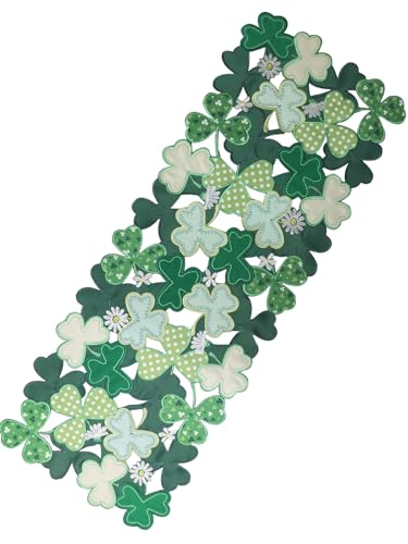 St Patrick's Day Table Runner 13x90 Inch Green Shamrocks Embroidered Clover Decor