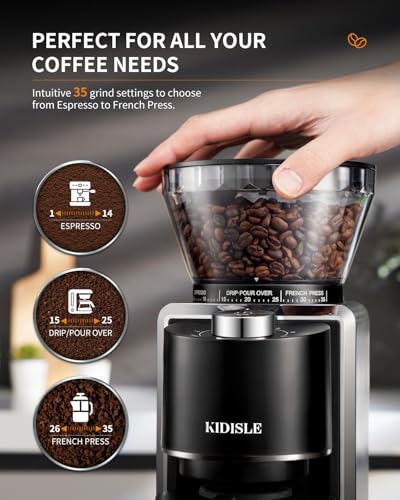 KIDISLE Conical Burr Coffee Grinder - 35 Settings, Anti-Static, Black