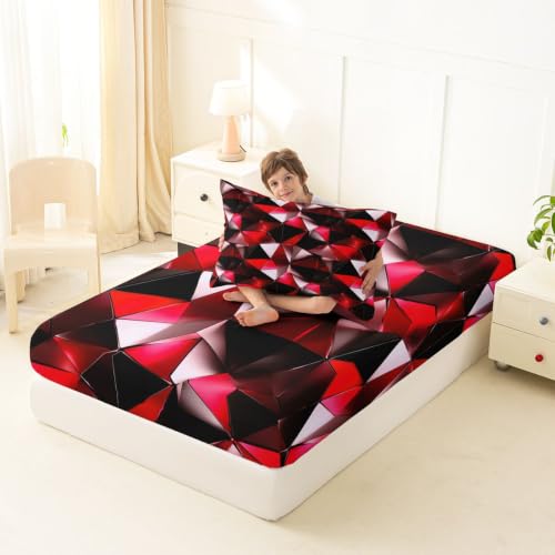 Kids Bed Sheet Set Twin Size Black Red Geometric 3D Bedding with Deep Pockets