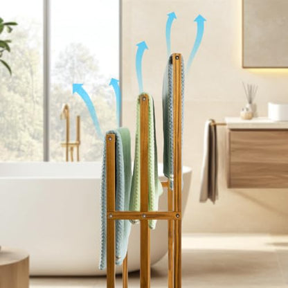 Large Teak Standing Towel Rack - Freestanding Bathroom Drying Organizer