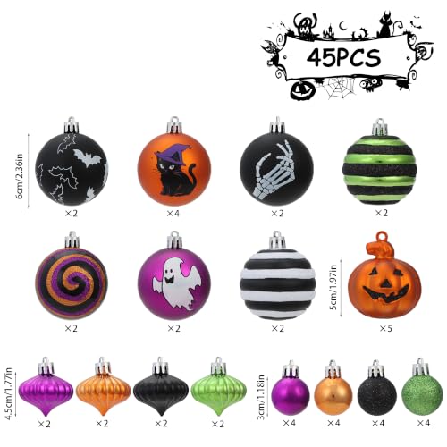45pcs Halloween Tree Ornaments Set - Shatterproof Halloween Decorations with Jack-o'-Lantern, Bat, Ghost & Witches Hat Designs