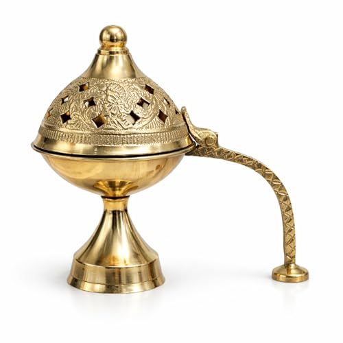 Brass Dhoop Dani Incense Holder with Handle for Puja 4.5 x 4 - Traditional Temple Decor