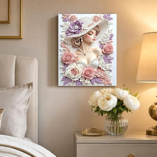 Lady Pearl Painting with 3D Crystal & Pearl Details - Framed Artwork