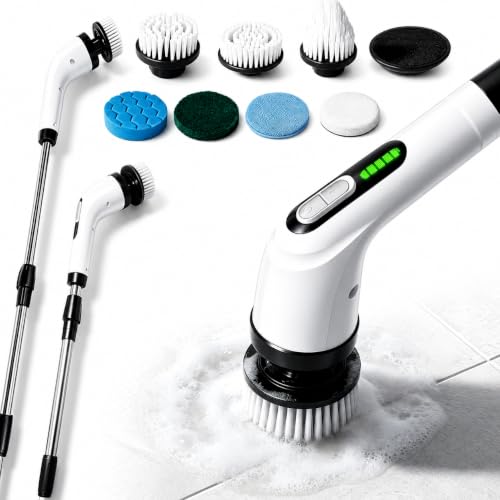 Highyes White Electric Spin Scrubber for Bathroom Cleaning with 7 Brush Heads & Extendable Handle