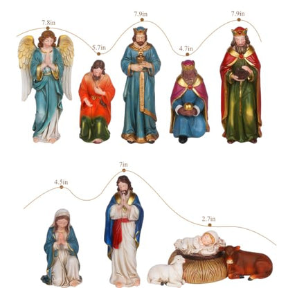 Colorful 14-Piece Nativity Scene Set with Metal Stars - Religious Christmas Decor