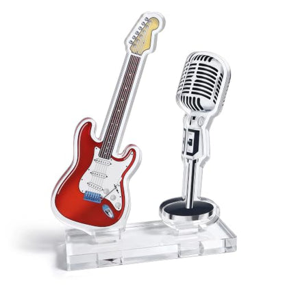 Red Acrylic Guitar and Microphone Desktop Ornament - Music Decor Stand