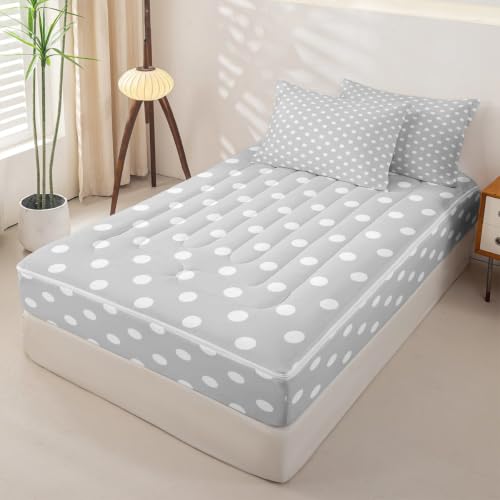 Kids Full Size Polka Dot Bedding Set with Zipper Comforter & Fitted Sheet - Grey White Cartoon
