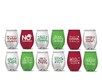 Christmas Themed Stemless Wine Glass Set of 12 - Unbreakable Funny Sayings - Holiday Party Drinkware