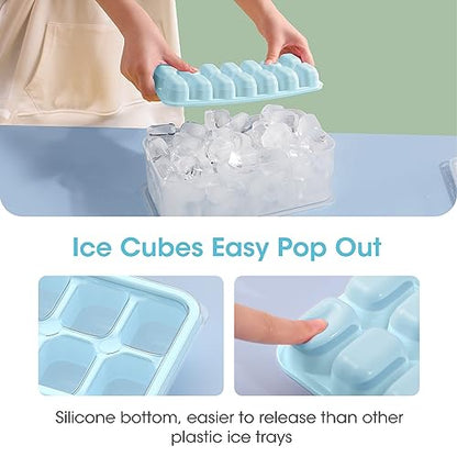 DOQAUS Ice Cube Tray with Lid and Bin, 4 Pack Silicone Plastic Ice Cube Trays for Freezer with Ice Box, Ice Trays with Ice Container, Stackable Ice Tray with Storage Ice Bucket,Ice Tong,Ice Scoop