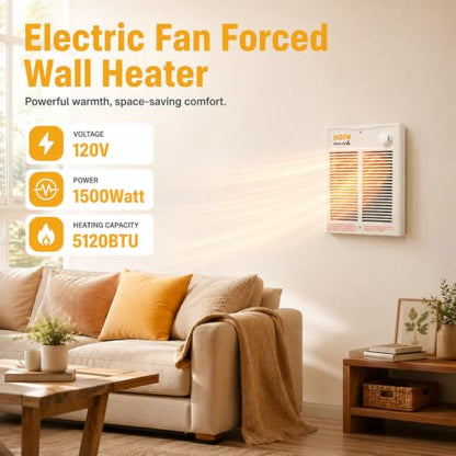 Wall Mount Electric Space Heater 1500W with Thermostat Fast Heating 120V